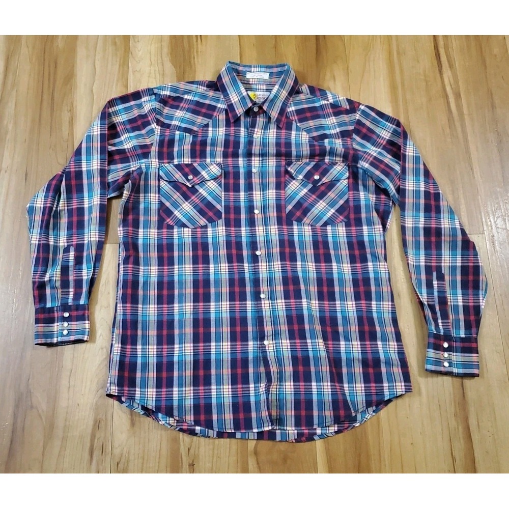 Vtg Southern Classics Plaid Western Cowboy Shirt Men's Large Pearl Snap